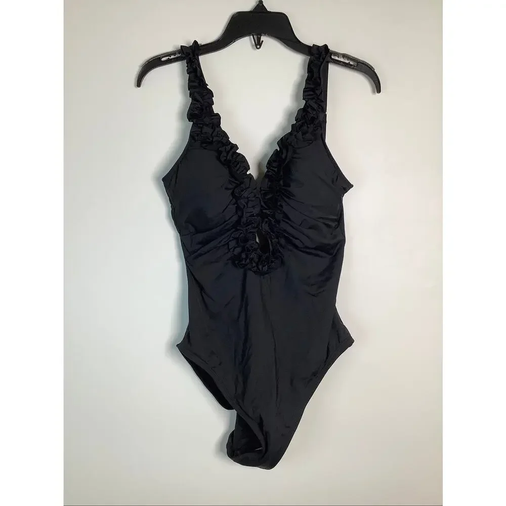 La Blanca Womens 6 Black Island Goddess Ruffle V Plunge One Piece Swimsuit C22-3